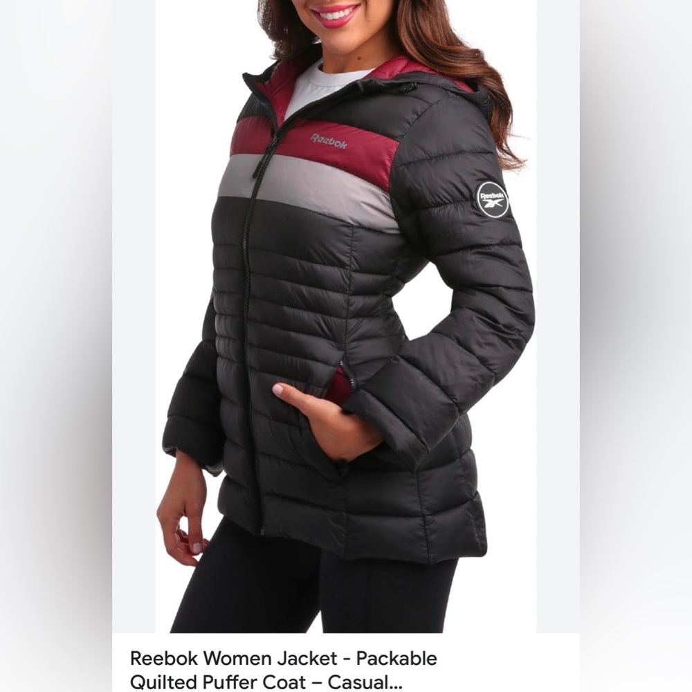 Reebok Women's Packable Lightweight Quilted Puffer Coat Black/Red/Gray Large NWT